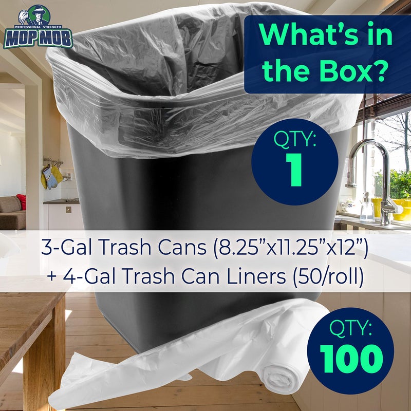 Mop Mob Space-Saving Trash Can and 100x 4 Gal. Leak-Proof Liners Set. Small Black Plastic Wastebasket and Clear Bags Great for Bathroom, Kitchen or Home Office. Garbage Bin Fits Under Most Desks & Cabinets - Image 3